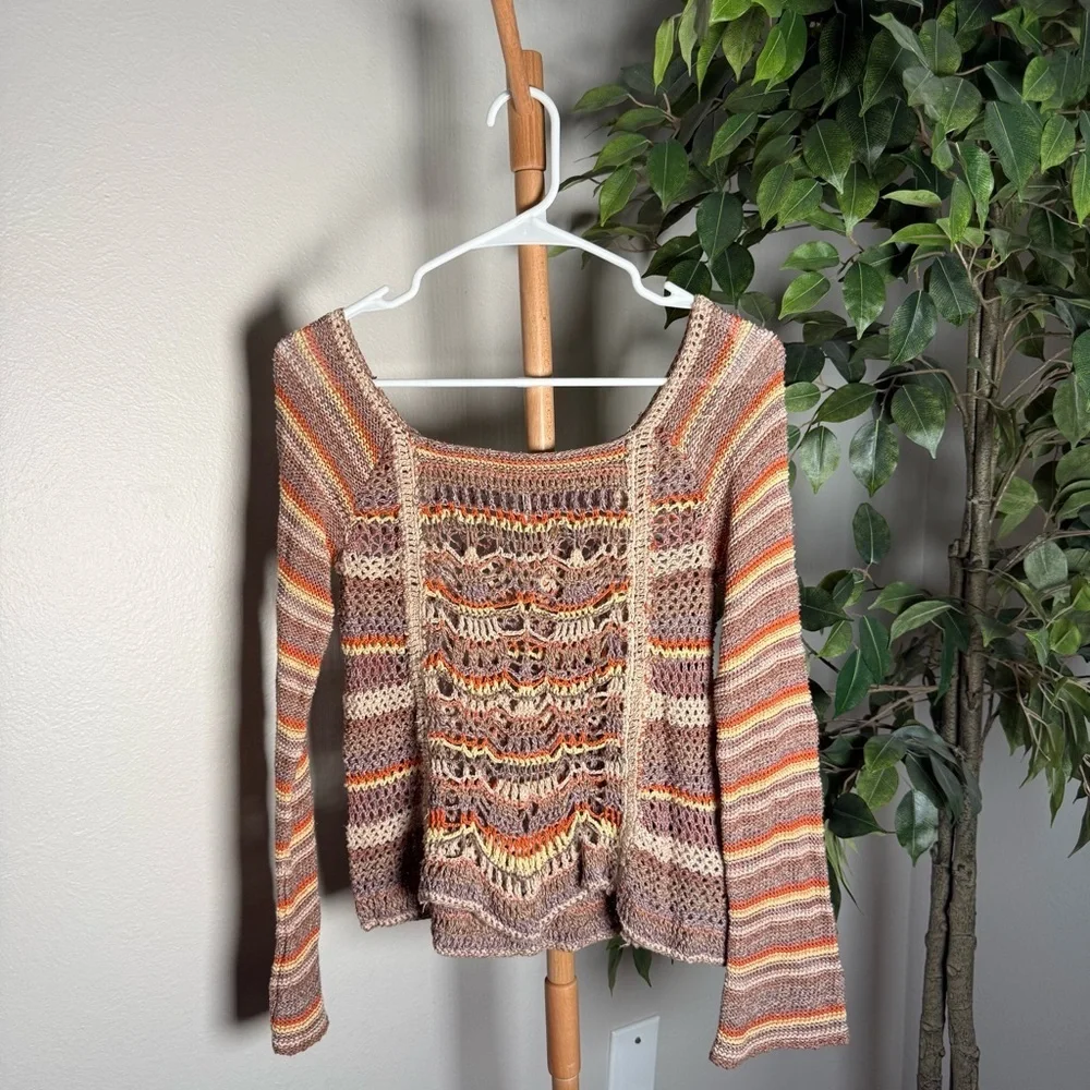 Free People Phoenix Crochet Striped Bell Sleeve Boho Sweater Women’s Size Medium
